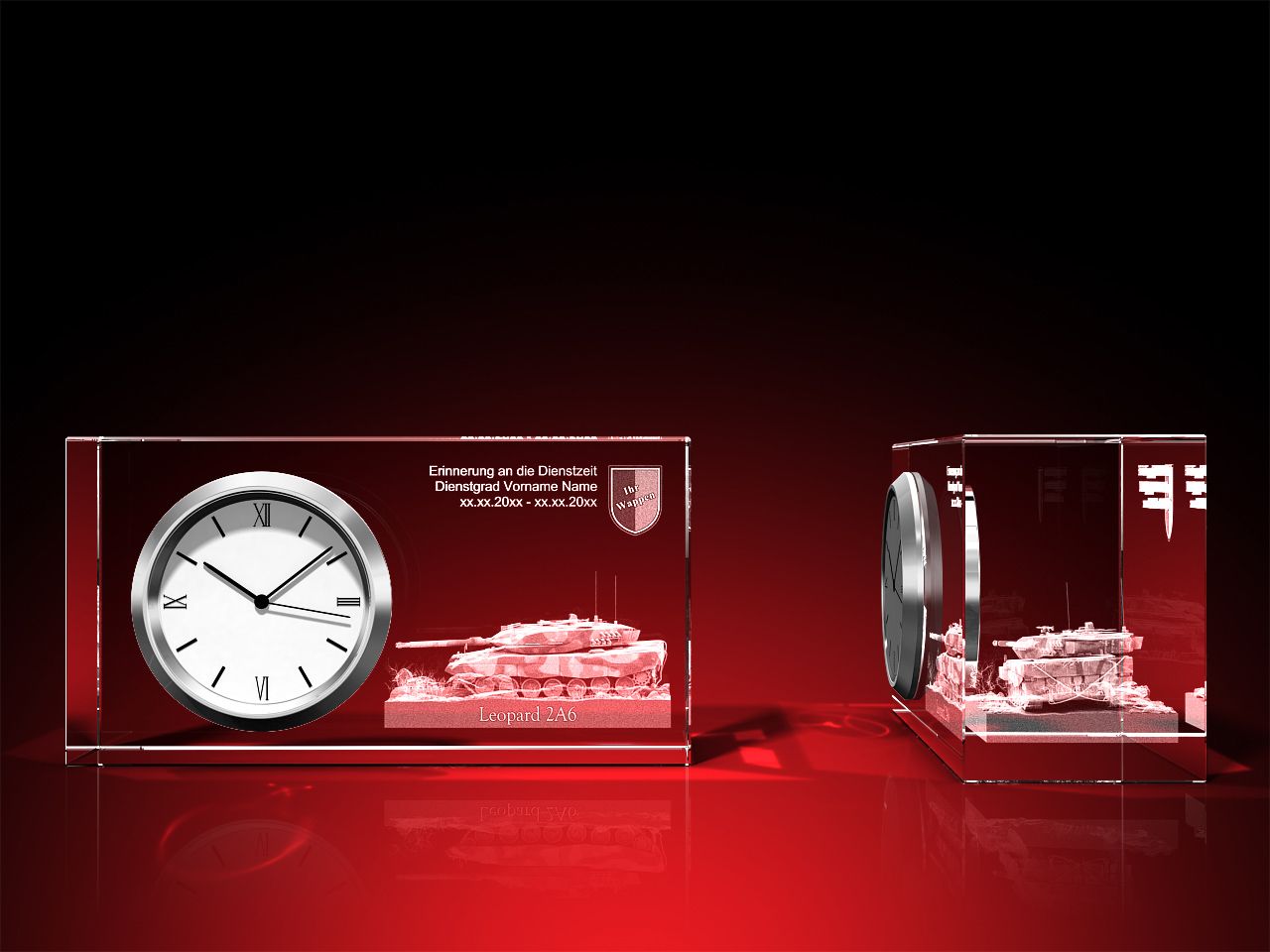 Leopard 2A6 - Uhr, Glas eckig (95 x 50 x 35) mit Beleuchtung und Personalisierung möglich